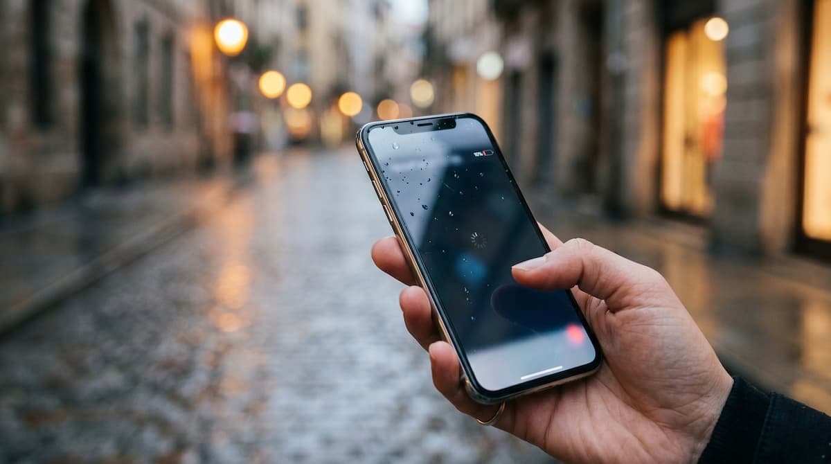 A close-up of a smartphone with raindrops on the glass against a softly blurred wet-cobble street at dusk, screen showing a loading spinner
