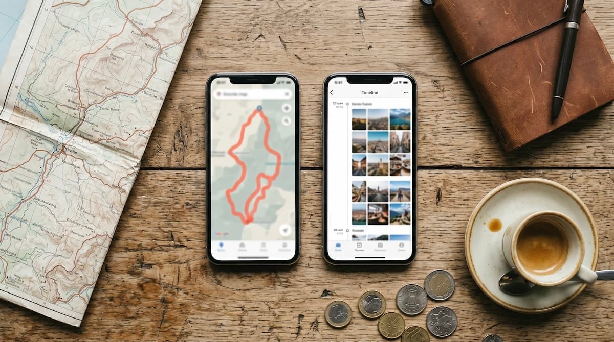 Two phones side by side on a wooden table, each showing a different travel journal app