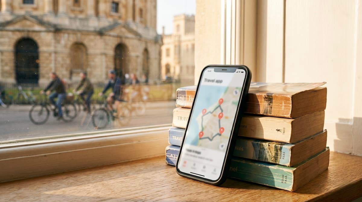 A smartphone resting against travel paperbacks on a sunlit windowsill, screen showing a travel app with route pins