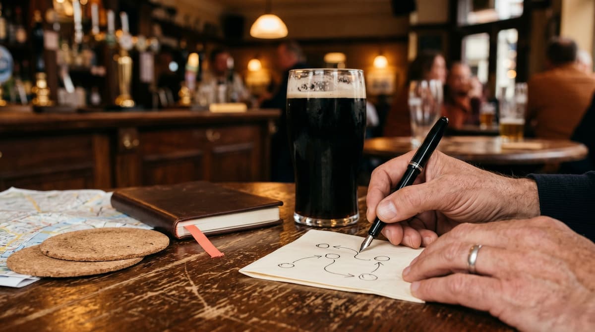 A pint of beer on a wooden table with a hand-drawn route map sketched on a napkin